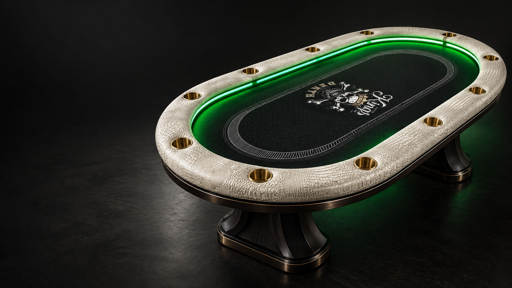 Mesa personalizada con apoyabrazos crema, portavasos dorados, iluminación verde y diseño de calavera