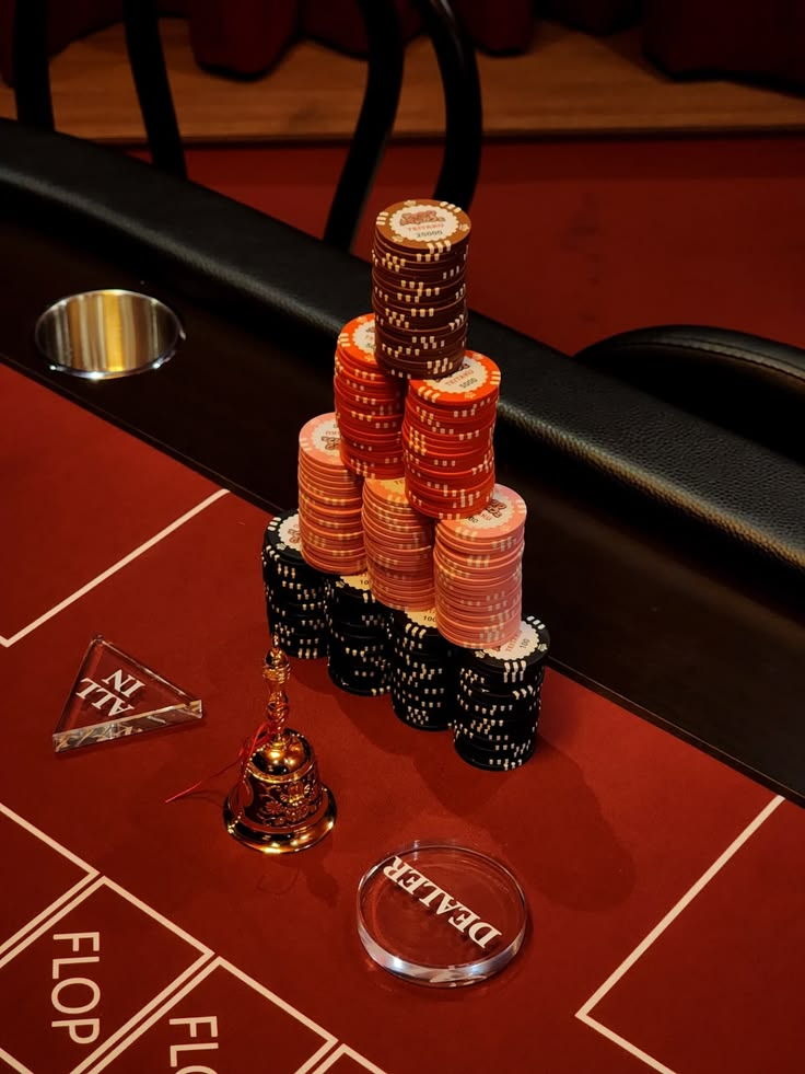 Fichas de poker y botones de dealer y all-in sobre una mesa
